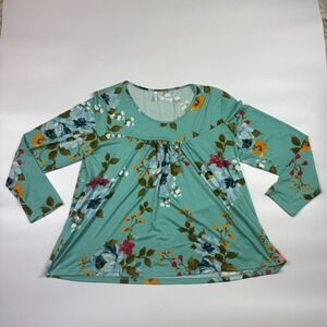 Popyoung Tunic Top Women 3XL Aqua Floral Stretch Long Sleeve Round Neck Pullover